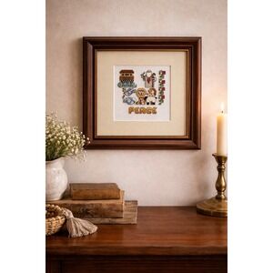 Vintage Framed Cross-Stitch Art | Peace Noah's Ark | Cottagecore Nursery Decor